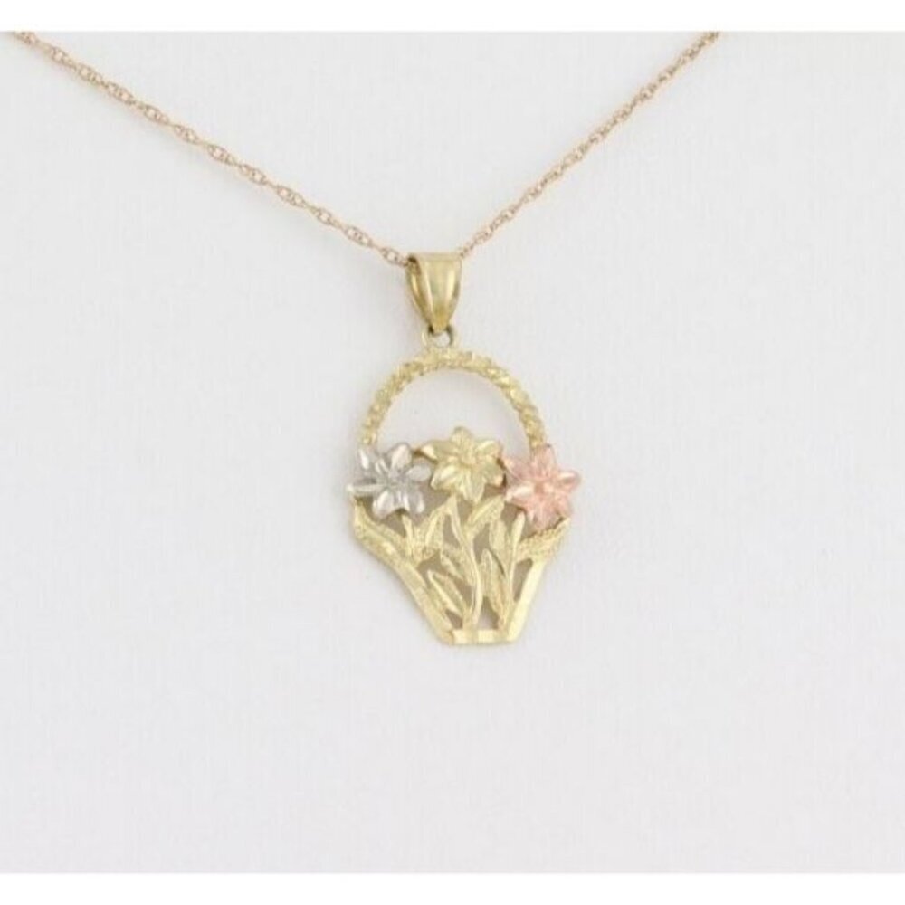 10k Yellow Gold White Gold Rose Gold Flower Basket Necklace 18" Chain